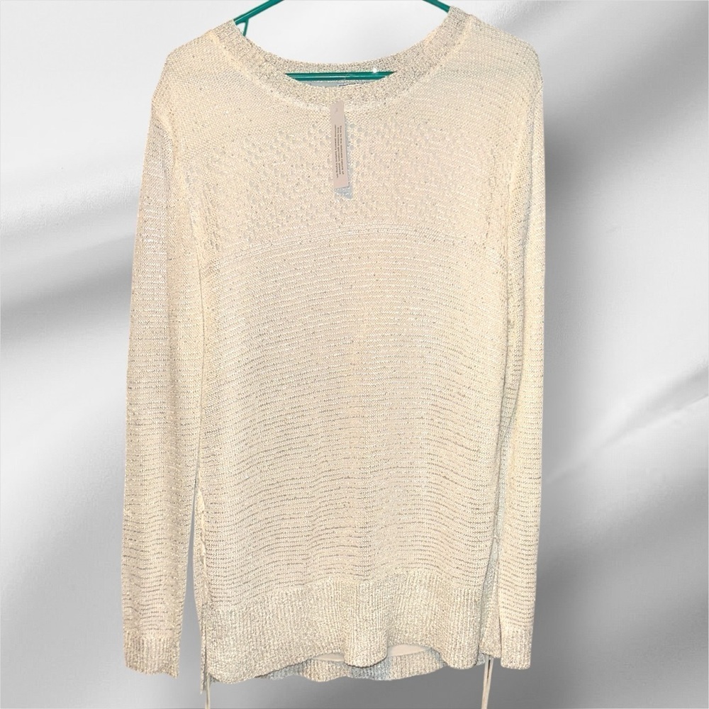🌺NWT-SIONI IVORY SHINY SEQUIN LACE UP SIDES LAYERED KNIT SWEATER